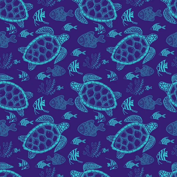 Tartaruga Mar Oceano Doodle Esboço Silhueta Mão Desenhado Impressão Têxtil — Fotografia de Stock