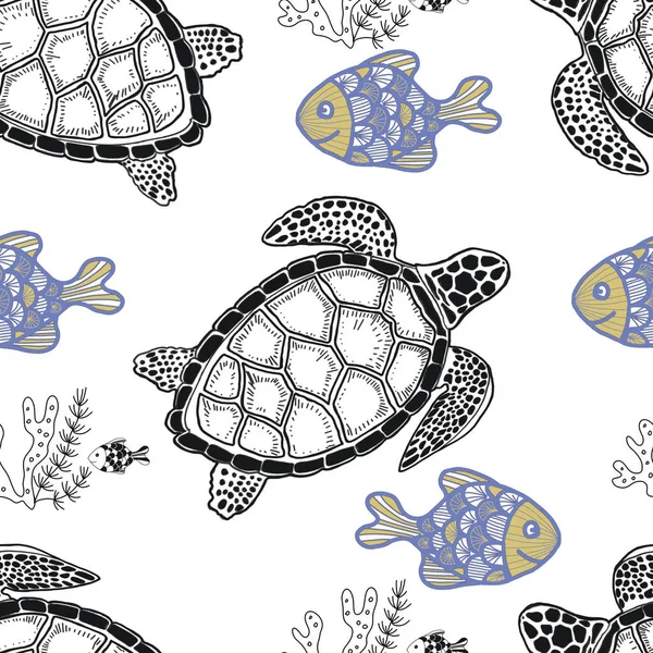 Turtle Sea Ocean Doodle Sketch Silhouette Hand Drawn Print Textile — Stock Photo, Image