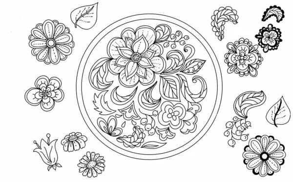 Flores Leavesgraphic Ilustração Estilo Folclórico Desenhado Mão Composição Círculo Mandala — Fotografia de Stock