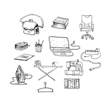 Ögeleri evde ve ofiste çalışırken ayarla bavul çantası omuz çantası bilgisayar çantası, kalem kutusu, kalem dikiş makinesi aksesuarları, grafik vektör çizimi çizimi karalama çizimi, beyaz arkaplan üzerine izole bir öge