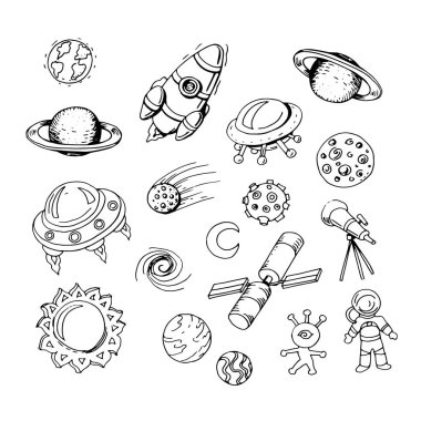 Uzay vektör çizimi şirin resimler parlak renkli roket göktaşı gezegeni uzaylı uçan daireler astronot uydu güneşi Satürn Mars yıldızları ve takımyıldızları. Izgarayı yazdır 