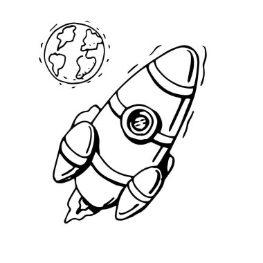 Uzay vektör çizimi şirin resimler parlak renkli roket göktaşı gezegeni uzaylı uçan daireler astronot uydu güneşi Satürn Mars yıldızları ve takımyıldızları. Izgarayı yazdır 