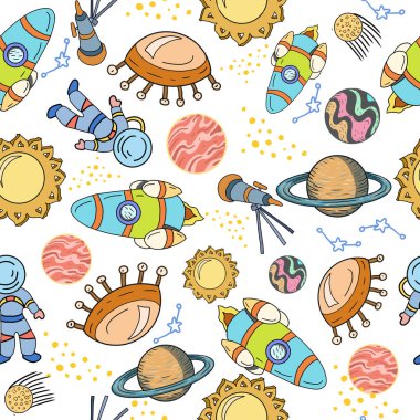Kozmos, el yapımı sevimli resimler çizmiş parlak renkli roket göktaşı gezegeni uzaylı uçan daireler astronot uydu güneşi Satürn Mars yıldızları ve takımyıldızları. Izgarasız deseni yazdır