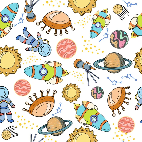 Cosmos set illustration hand-drawn cute images childrens bright colored rocket meteorite planet alien flying saucers astronaut satellite sun saturn mars stars and constellations. Print mesh seamless pattern