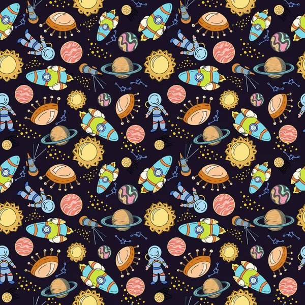Kozmos, el yapımı sevimli resimler çizmiş parlak renkli roket göktaşı gezegeni uzaylı uçan daireler astronot uydu güneşi Satürn Mars yıldızları ve takımyıldızları. Izgarasız deseni yazdır