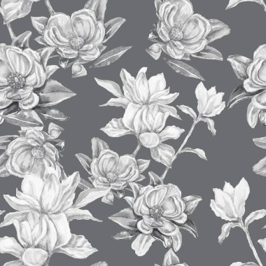 Magnolia flower flowers bright exotic watercolor hand drawn print patern seamless set nature flowering branches and leaves flora botany