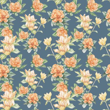 Magnolia flower flowers bright exotic watercolor hand drawn print patern seamless set nature flowering branches and leaves flora botany