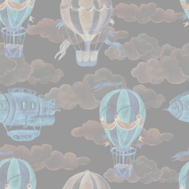 Balon türevi büyük antika daktilo küçük tren treyleri karavan kurdelesi yazıtlar için suluboya resimleme el yapımı klişe bebek resimleri kreş baskı kumaş arka plan bulutları nazik tonlarda