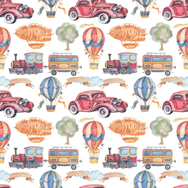 Nakliye aracı karavan balonu dikişsiz babasız suluboya çizimi elle çizilmiş klişe bebek. Geniş antika retro daktilo ağaç kurdelesini yazdırma resimleri için ayarla kreş baskısı kumaş arka plan bulutları nazik ton