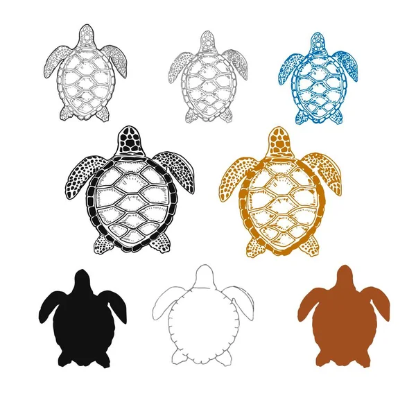 Sköldpadda Hav Doodle Skiss Silhuett Handritat Tryck Textil Grafik Tropik — Stock vektor