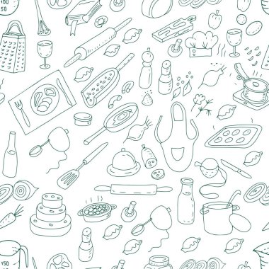 Mutfakta yemek pişirme hobisi evde yemek pişirme taslak çizim el çizimi çizimi illüstrasyon. Tekstil büyük küme clipart yazdır. Beyaz arkaplanda izole ögeler