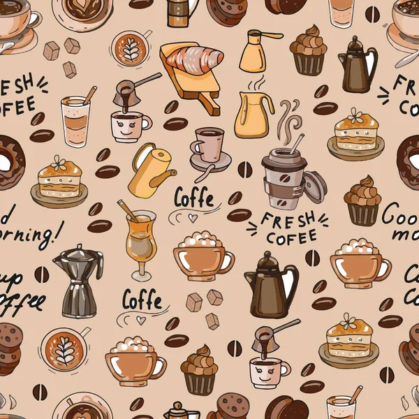Kahve çayı kahvaltısı çikolatalı karalama çizim vektör çizimi el yazısı tekstil arka planı çizer. Beyaz bir arkaplan patern üzerinde ayrı ögelere sahip büyük küme tırman