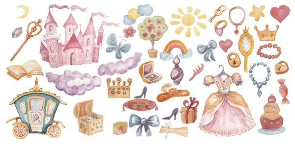 妖精のプリンセス城手水彩イラストを描いた 休日のお祝いのために小さな女の子のためのプリントテキスタイルの背景クリップアートを設定します 雲ピンク色かわいい絵 — ストック写真