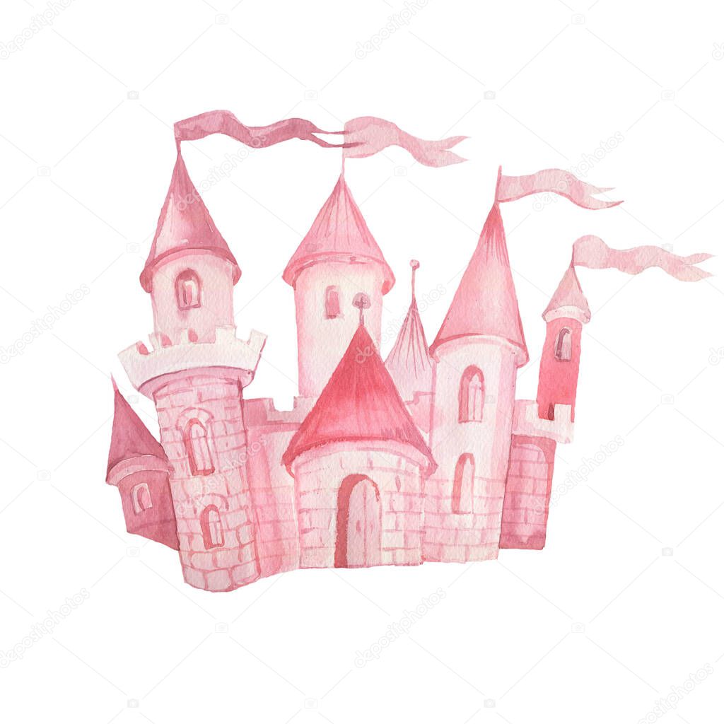 Fairy princess castle hand drawn watercolor illustration. set print textile background clipart for little girls for the holiday congratulations. Clouds pink color cute picture