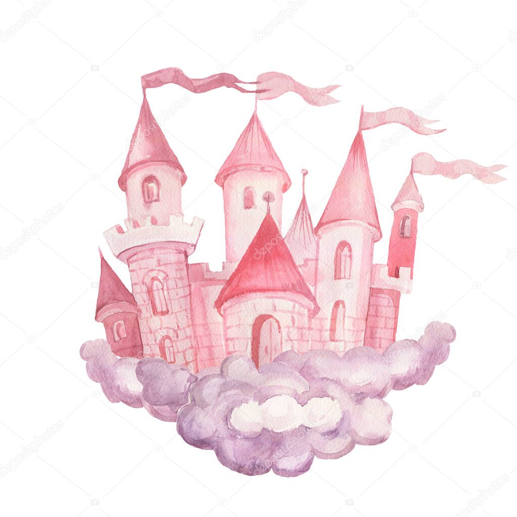 Fairy princess castle hand drawn watercolor illustration.  set print textile background clipart for little girls for the holiday congratulations. Clouds pink color cute picture
