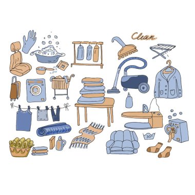 Kuru temizleme karalama çizim vektör çizim el çizimi tekstil baskısı. şirin resim rengi mavi kahverengi set dikişsiz.