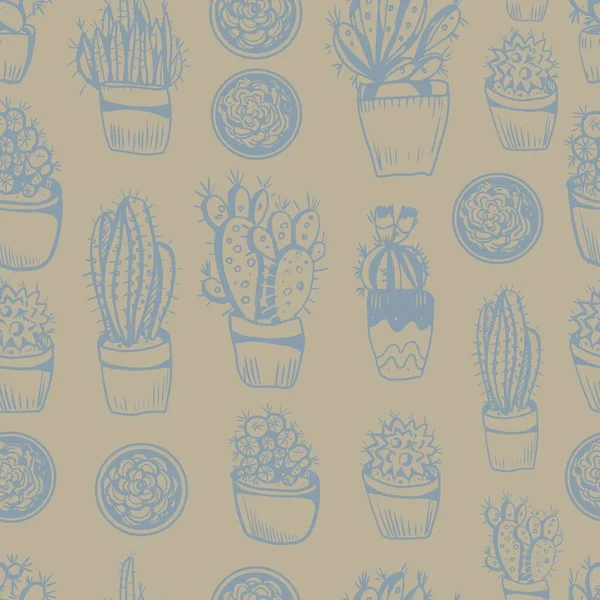 サボテンのスカンディナヴィアスタイルのグラフィックベクトルイラスト手描きのドアスケッチをシームレスに設定します メキシコのポットで繊維紙の自然屋内植物エキゾチックな多肉植物を印刷します ボホウゴヴィンテージ — ストックベクタ