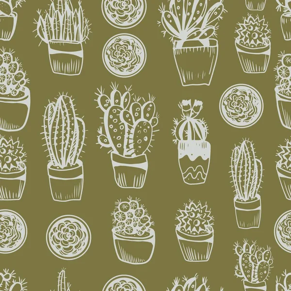 サボテンのスカンディナヴィアスタイルのグラフィックベクトルイラスト手描きのドアスケッチをシームレスに設定します メキシコのポットで繊維紙の自然屋内植物エキゾチックな多肉植物を印刷します ボホウゴヴィンテージ — ストックベクタ