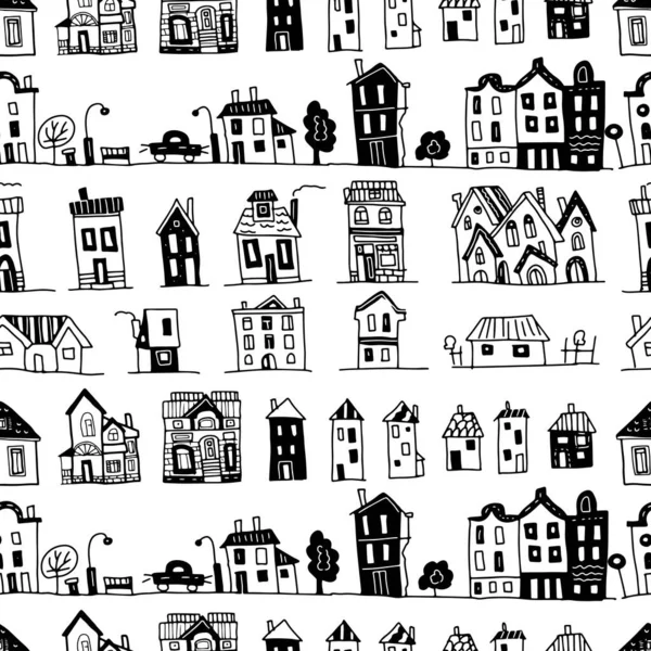 Evler, İskandinav tarzı grafik vektör çizim el karalama çizimi, kusursuz desen. Tekstil kağıdı bastır. Arzitecture binası şehrin dış cephesi boho hugo vintage