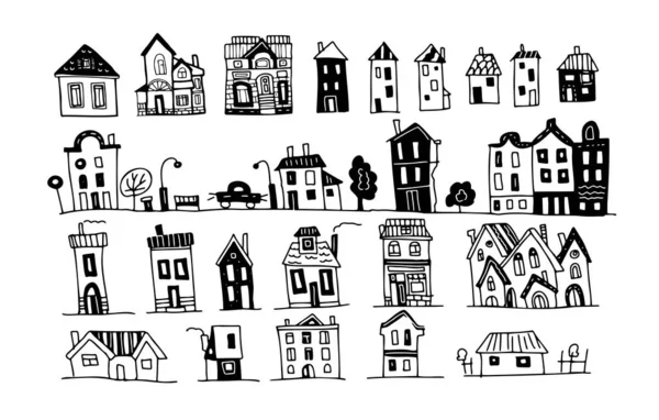 Casas Escandinavo Estilo Gráfico Vector Ilustración Dibujado Mano Doodle Bosquejo — Vector de stock