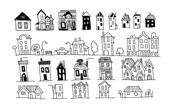 Casas Escandinavo Estilo Gráfico Vector Ilustración Dibujado Mano Doodle Bosquejo — Vector de stock