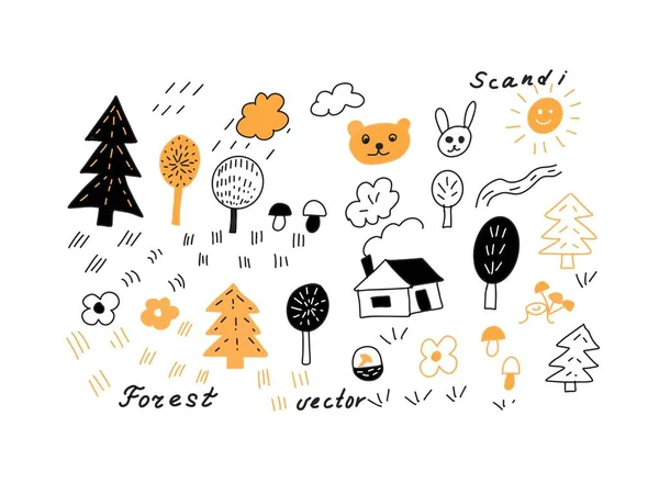 Scandinavische Stijl Dieren Bos Gestileerde Set Voor Kleine Doodle Schets — Stockvector