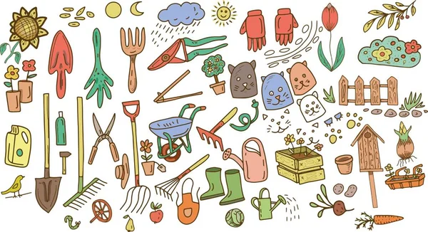  Bahçe bahçesi sebze bahçesi hasat hobisi doğa bakımı. Bireysel elementler. Çizgi film sevimli resimler parlak çocuklar el çizimi vektörler