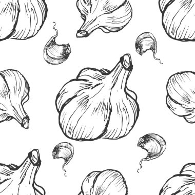 Sarımsaklı sebze vektör grafikleri. Çizim çizimi çizimi el çizimi tekstil. Eski model patern pürüzsüz set clipart baharatlı baharatlı baharatlar