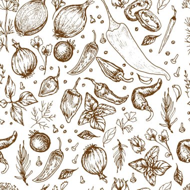 Baharatlı sarımsaklı sebzeler vektör grafiklerini elle çiziyor. İşlemeli tekstil, menü tarifi soğan fesleğeni mutfağı.