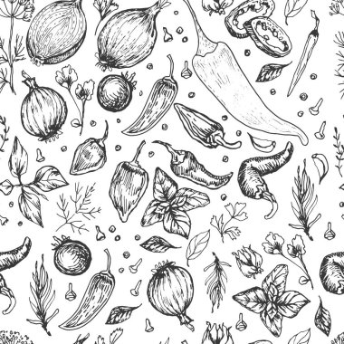 Baharatlı sarımsaklı sebzeler vektör grafiklerini elle çiziyor. İşlemeli tekstil, menü tarifi soğan fesleğeni mutfağı.