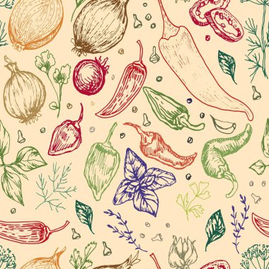 Baharatlı sarımsaklı sebzeler vektör grafiklerini elle çiziyor. İşlemeli tekstil, menü tarifi soğan fesleğeni mutfağı.