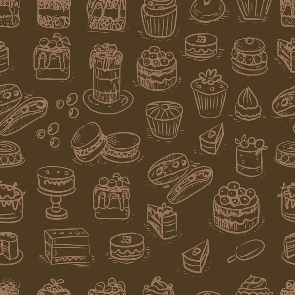 ペストリーケーキカップケーキベクトルグラフィック彫刻スケッチ 手描きの甘いフードメニュー生地のお菓子を調理 プリントテキスタイルロゴ背景シームレスなパターン — ストックベクタ