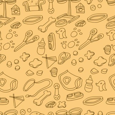 Evcil hayvan besleyicisi için kedi ve köpekler için ev hayvanı yiyeceği. Evcil hayvan malzemeleri, çizimler, çizimler, resimler. Prin tekstil patern dikişsiz