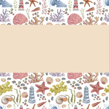 deniz feneri denizyıldızı mercan kabukları dikişsiz plaj suluboya resimli el baskı tekstil antika. karikatür okyanusu gerçekçi taslak deniz seyahati