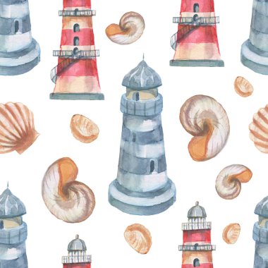 deniz feneri denizyıldızı mercan kabukları dikişsiz plaj suluboya resimli el baskı tekstil antika. karikatür okyanusu gerçekçi taslak deniz seyahati