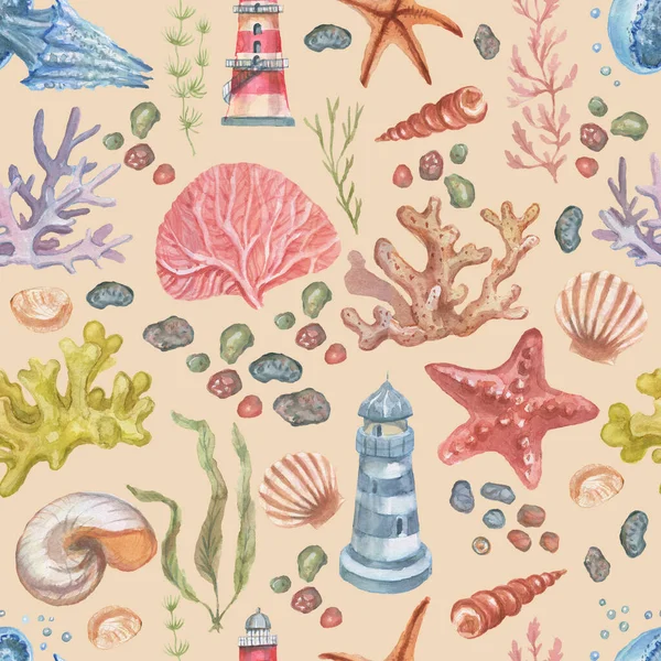 Fyr Maneter Sjöstjärnor Koraller Skal Sömlösa Mönster Strand Akvarell Illustration — Stockfoto