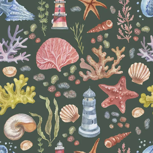 ライトハウスクラゲヒトデサンゴ貝殻ビーチ水彩イラスト手描きプリントテキスタイルヴィンテージレトロ 漫画海のリアルなスケッチ 海旅行 — ストック写真