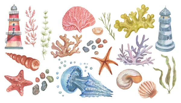 Meduze Far Stele Mare Corali Cochilii Plaja Acuarelă Ilustrare Mână — Fotografie, imagine de stoc