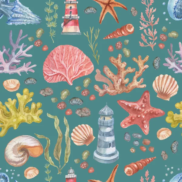 Fyr Maneter Sjöstjärnor Koraller Skal Sömlösa Mönster Strand Akvarell Illustration — Stockfoto