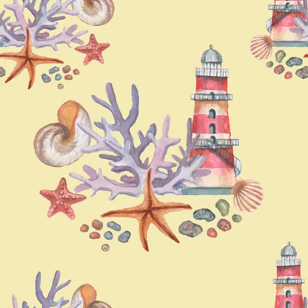 Fyrens Snäckskal Koraller Sjöstjärnor Akvarell Illustration Handritade Tryck Textil Vintage — Stockfoto