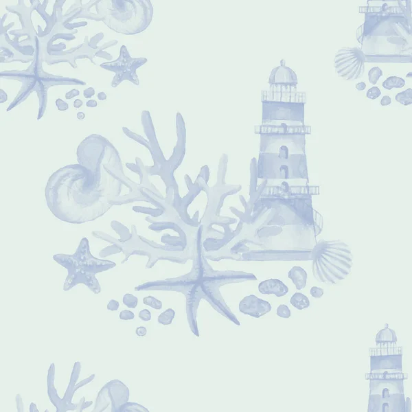 Phare Coquillages Coraux Étoiles Mer Aquarelle Illustration Dessin Main Imprimer — Photo