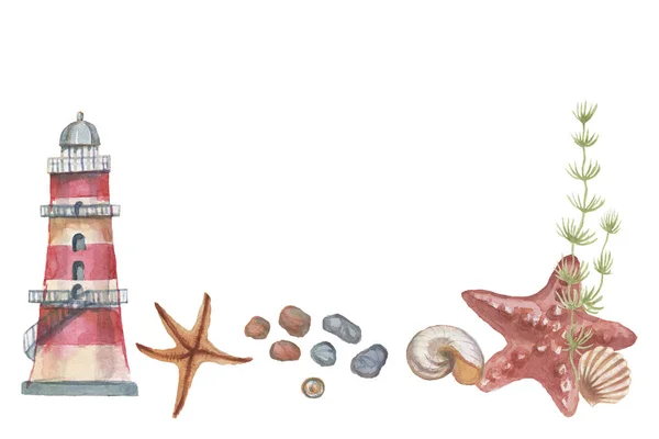 ライトハウス貝殻サンゴヒトデ水彩イラスト手描きプリントテキスタイル ヴィンテージレトロリアルな漫画の画像海の夏のビーチセット組成 — ストック写真