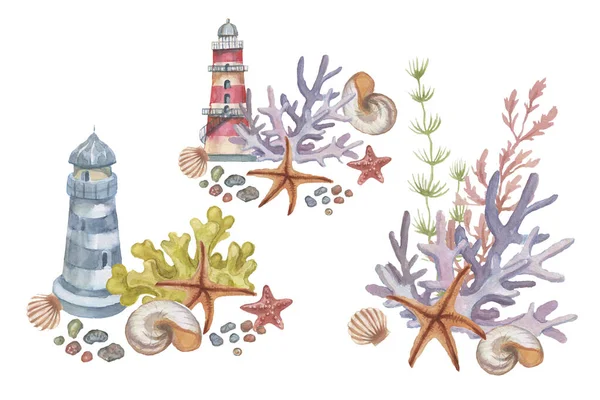 ライトハウス貝殻サンゴヒトデ水彩イラスト手描きプリントテキスタイル ヴィンテージレトロリアルな漫画の画像海の夏のビーチセット組成 — ストック写真