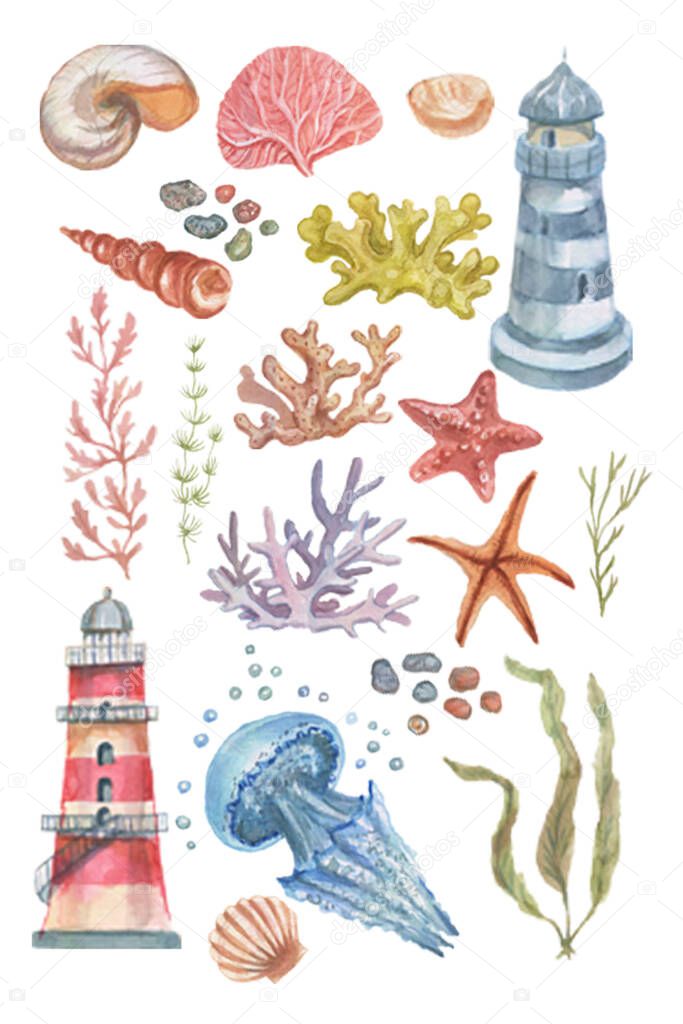  lighthouse jellyfish starfish  corals shells beach watercolor illustration hand drawn print textiles vintage retro.  set cartoon ocean realistic sketch sea travel