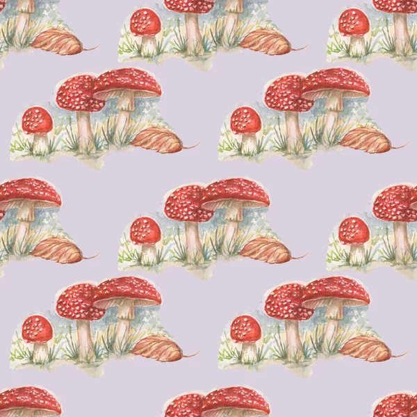 Funghi Amanita Piante Forestali Illustrazione Disegnata Mano Acquerello Stampa Tessile — Foto Stock