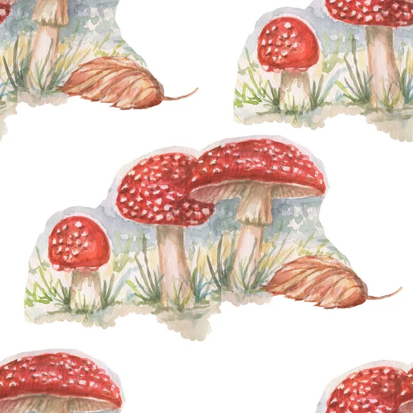 Champignons Amanita Bosplanten Aquarel Met Hand Getekend Illustratie Print Textiel — Stockfoto