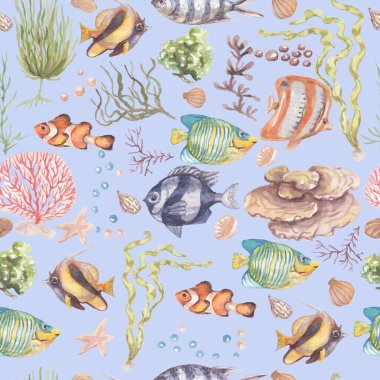 Fish underwater sea ocean corals algae seashells watercolor hand drawn illustration. Prin textile vintage wild nature bright aquarium fish patern seamless
