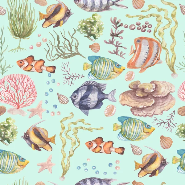 Fish underwater sea ocean corals algae seashells watercolor hand drawn illustration. Prin textile vintage wild nature bright aquarium fish patern seamless