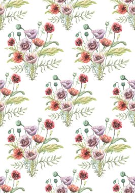 Haşhaş çiçekleri kırmızı kır çiçekleri el çizimi suluboya çizimi. Çizim baskısı tekstil arkaplan babasız set Doğa bitkileri dekorasyon bırakır