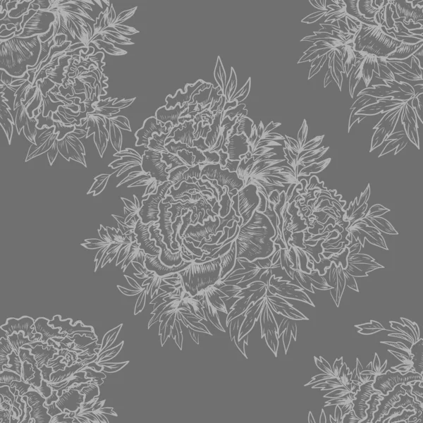 牡丹の花のグラフィック彫刻手描きイラストベクトルプリントテキスタイルヴィンテージパターンシームレスな植生自然 — ストックベクタ